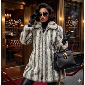 Roamans Faux Fur Coat Medium 14 16 Grey Striped Glam Winter Jacket Luxury
